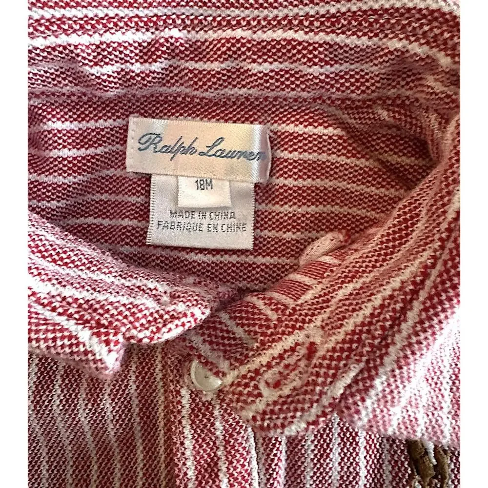 Ralph Lauren Baby Red & White Striped Button Front Romper Pony Logo 18M